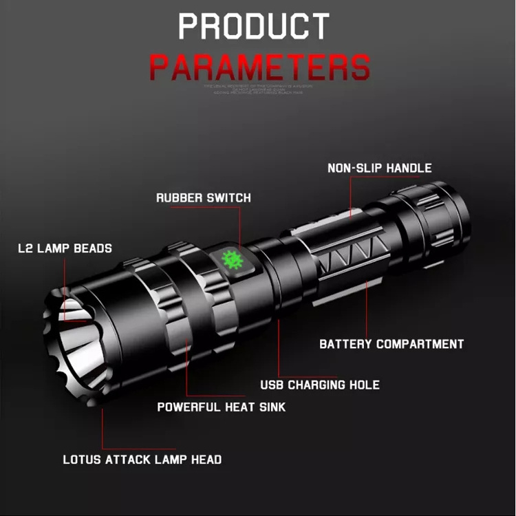 Hot Sale Aluminum Hunting LED Flashlight L2 Waterproof USB Charging Tactical Torch Red Green Weapon Light With Pressure Switch