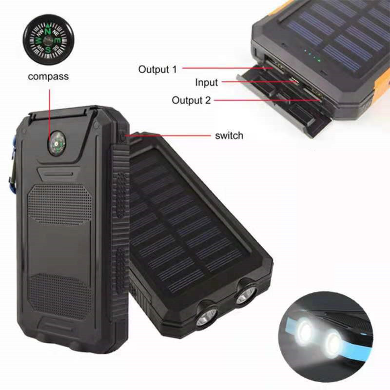 LED Solar Portable Mobile Charger 10000mAh Power Banks &Power Station LED Flashlight Emergency SOS Torch With Compass and Hook