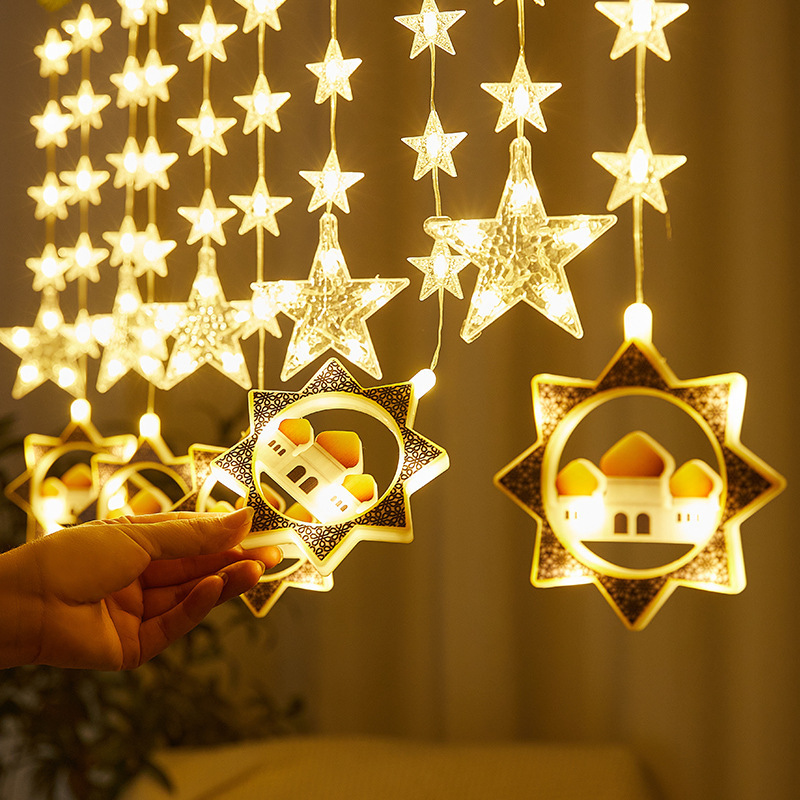 Hot Sale LED String Lights India Diwali Warm White Night Decoration Light Diya String Fairy Lamp Curtain Light Moon Star