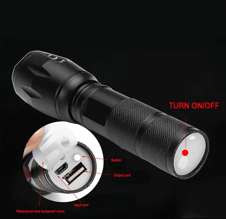 New A100 XML T6 Zoomable Rechargeable Led Flashlight 2 in 1 Power Bank  1000lm USB Charging Powerful Torchlight Outdoor Camping