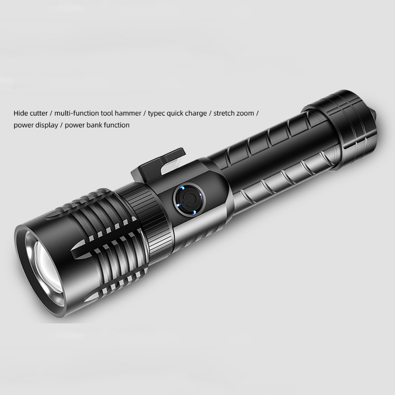 P50 Emergency Hammer Cutter Tactical LED Flashlight USB Rechargeable Multifunctional Hunting Camping Hiking Powerful Torch