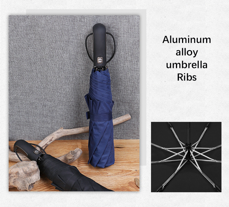 Promotional Travel Umbrella Black Pongee Waterproof Auto Open Paraguas 8 10 12 Ribs 3 Folding Uv Automatic Umbrella/