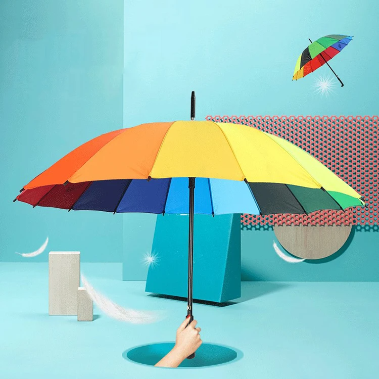 21 Inch 16k Automatic Open Iridescence Umbrella Golf Windproof Parasol Long Straight Handle Rainbow Umbrella