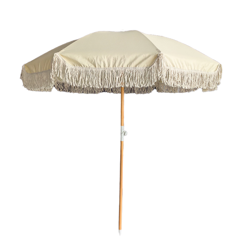 Portable Luxury 8ft Boho White Parasol Custom Vintage Windproof Wooden Shaft Beach Umbrella Fringe Tassels Travel Manual Control