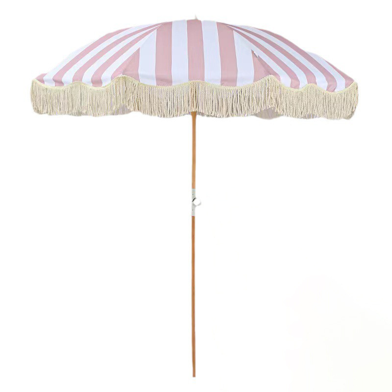 customized supplier  wooden Cheap Advertising Custom Logo Easy Carry Canvas  Rainproof High Strength Sun Beach Tassel Umbrellas