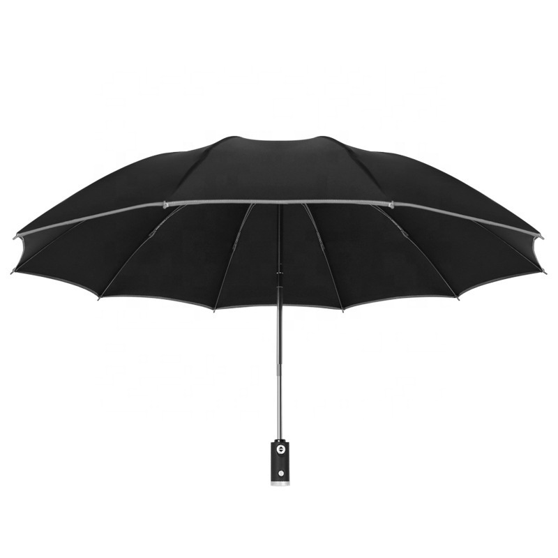 Automatic Open Close Reverse LED Umbrella with reflective strip 3-folding Business Reverse Umbrella With Light