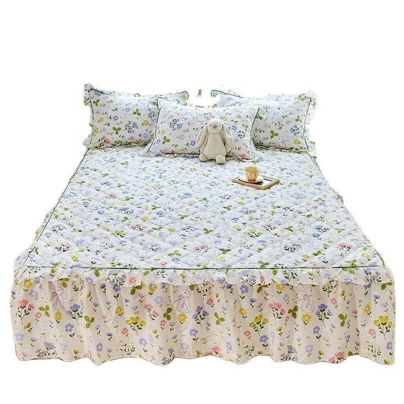 100% Cotton Ruffle Bed Skirt Floral Quilted Bedspread Design-B Deep Dust Ruffle Drape Fitted Sheet Bed Cover