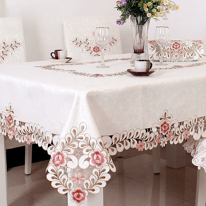 RTS Lace Embroidered Table Cloth Rectangular Farmhouse Table Cover Classic Oblong Antique Flower Decor Macrame Tablecloth