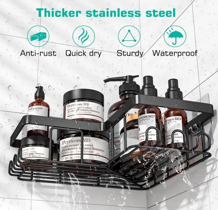 Rustproof Stainless Steel Bathroom Shower Organizer, Bathroom shelves No Drilling Wall Mounted Shower Rack, for Bathroom, Black