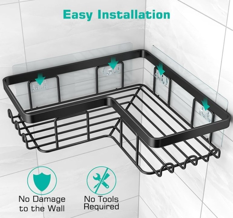 Rustproof Stainless Steel Bathroom Shower Organizer, Bathroom shelves No Drilling Wall Mounted Shower Rack, for Bathroom, Black