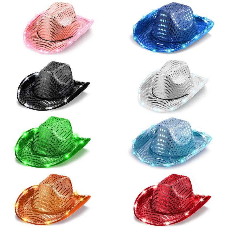 Sequin Shiny Jazz Hat Carnival Party Logo Three Colors With Lights Colorful LED Hair Bright Piece Cloth Western Cowboy Hat