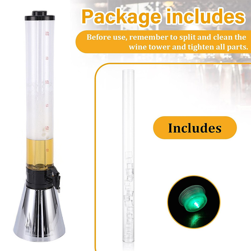 Beer Tower Dispenser 3 Liters Drink Tower Includes Removable Ice Tube and LED Light Tabletop Mimosa Tower Dispenser with Tap