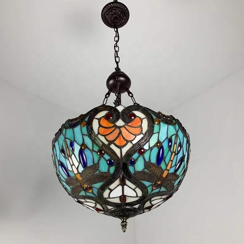 LongHuiJing Qualified Tiffany Style Inverted Ceiling Pendant Light Stained Glass Bead Decoration Chandelier Hanging Lamp