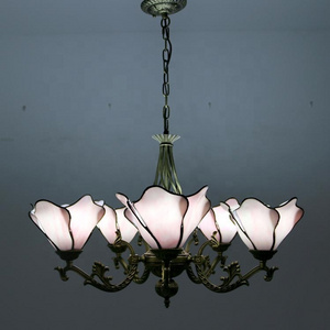 LongHuiJing 6 BulbsPendant Light Tiffany Stained Glass Chandelier Petal Lampshade(Pink) With Iron Hanging Fixtures