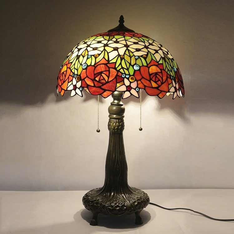 LongHuiJing Tiffany Lamp Stained Glass Coffee Table Desk Beside Lamp 25.6Inch Tall Crystal Bead Red Rose Shade 2 Light Antique