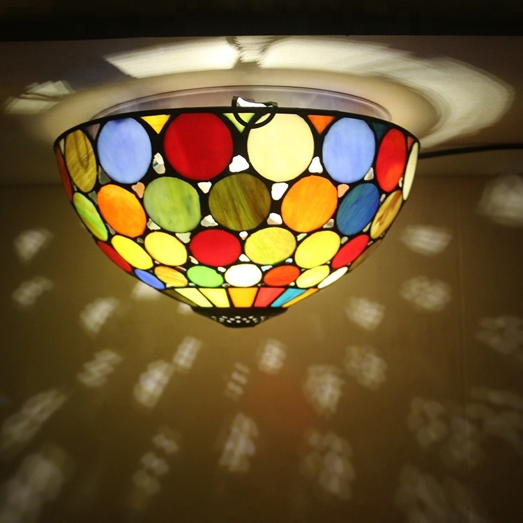 LongHuiJing Tiffany Style Ceiling Flush Mount Light Handcrafted Stained Glass Shade Lamp Semi Flush Mount Lights