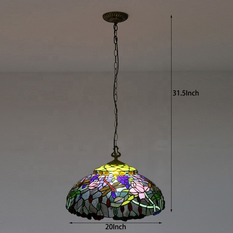 LongHuiJing Custom made Tiffany-Style 20Inch Antique Brass Hand Crafted Glass Hanging Pendant Ceiling Light Fixture