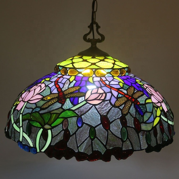 LongHuiJing Custom made Tiffany-Style 20Inch Antique Brass Hand Crafted Glass Hanging Pendant Ceiling Light Fixture