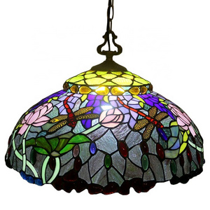 LongHuiJing Custom made Tiffany-Style 20Inch Antique Brass Hand Crafted Glass Hanging Pendant Ceiling Light Fixture