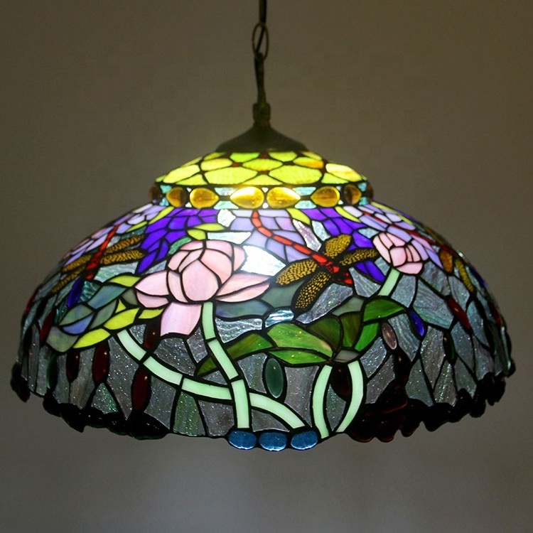 LongHuiJing Custom made Tiffany-Style 20Inch Antique Brass Hand Crafted Glass Hanging Pendant Ceiling Light Fixture