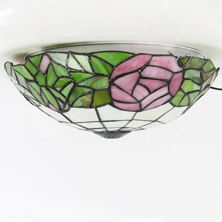 LongHuiJing 16-Inch European Retro Style Tiffany Gorgeous Flower Stained Glass Flush Mount Ceiling Light Dining Room Light