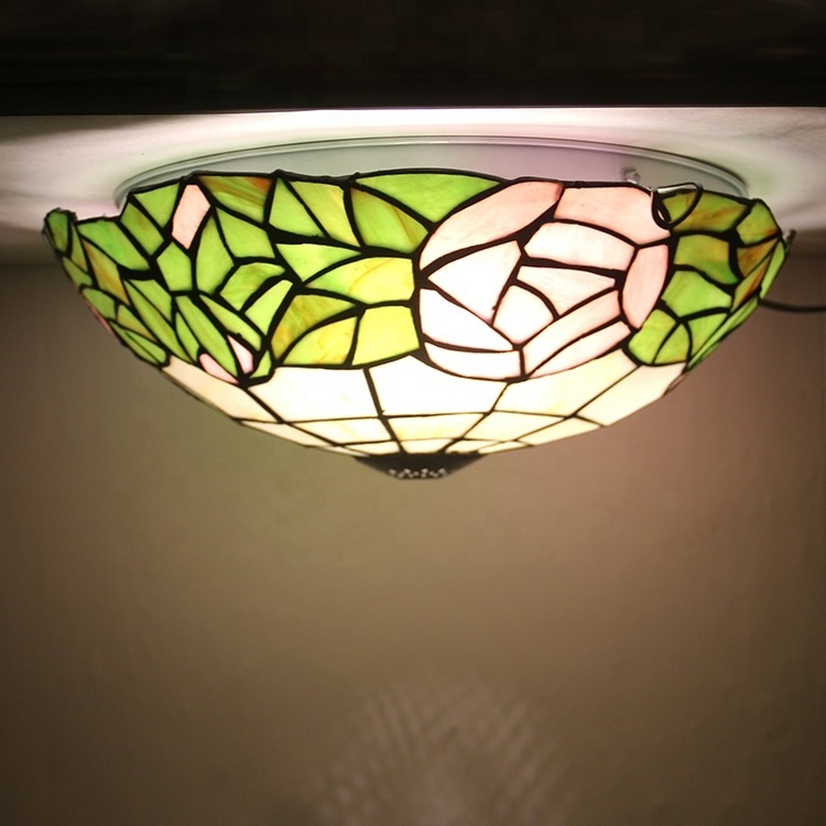 LongHuiJing 16-Inch European Retro Style Tiffany Gorgeous Flower Stained Glass Flush Mount Ceiling Light Dining Room Light