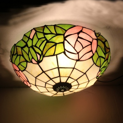 LongHuiJing 16-Inch European Retro Style Tiffany Gorgeous Flower Stained Glass Flush Mount Ceiling Light Dining Room Light