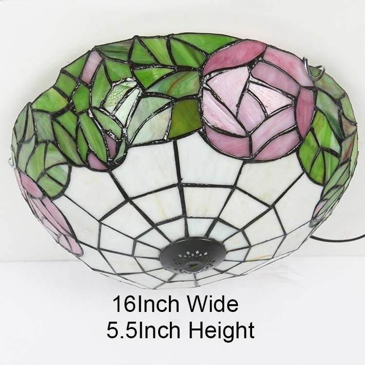 LongHuiJing 16-Inch European Retro Style Tiffany Gorgeous Flower Stained Glass Flush Mount Ceiling Light Dining Room Light