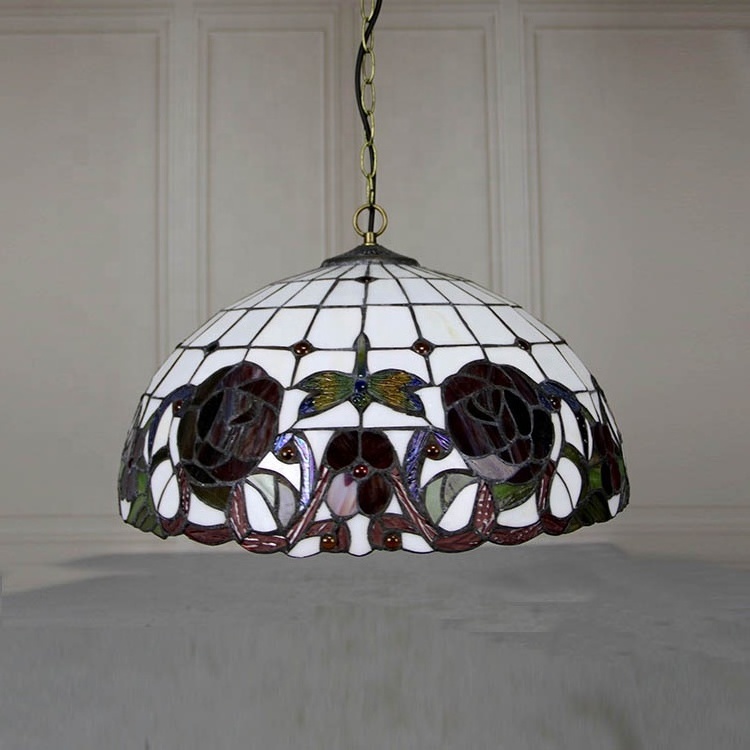 LongHuiJing 16-Inch Rose Design Tiffany Style Ceiling Pendant Light Fixture with Retro Stained Glass Hanging Lamp