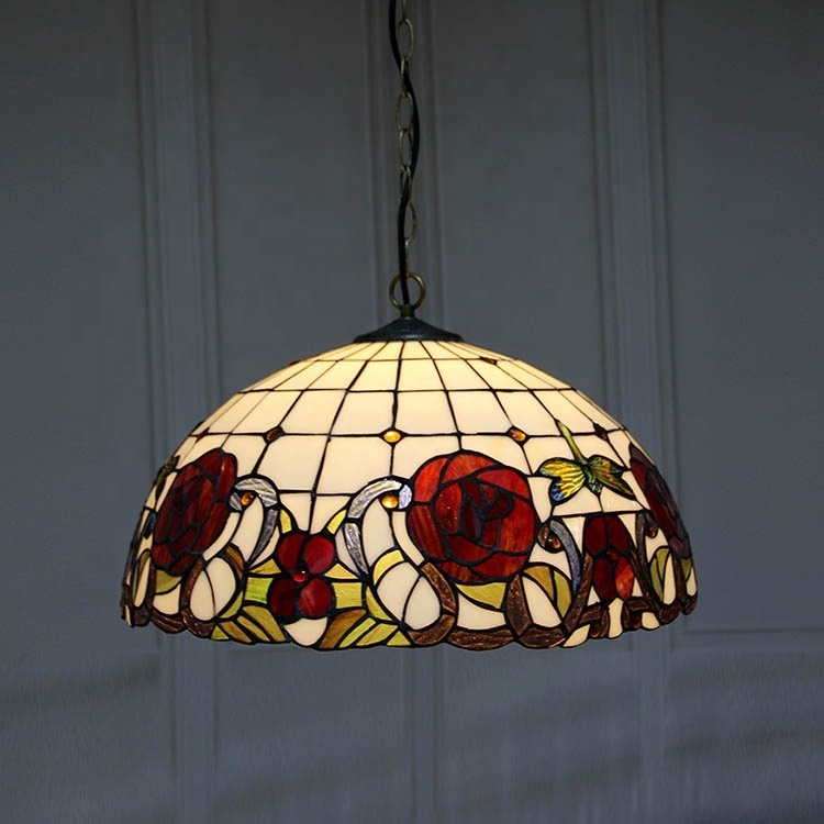 LongHuiJing 16-Inch Rose Design Tiffany Style Ceiling Pendant Light Fixture with Retro Stained Glass Hanging Lamp