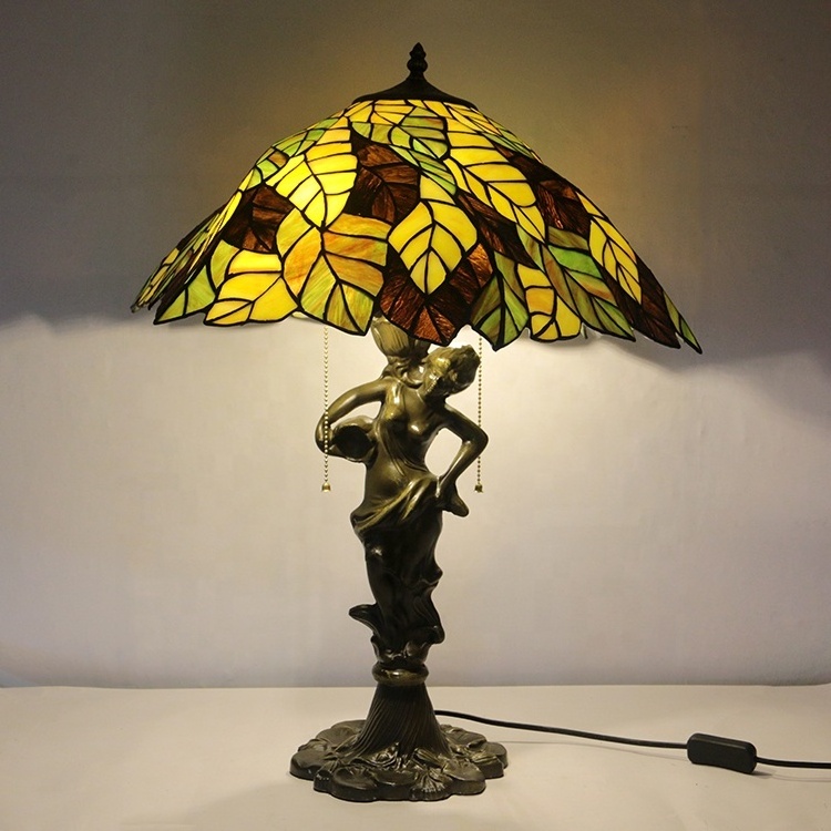 LongHuiJing 20Inch Tiffany Style Glass Sunrise Table Lamp Leaf Stained Glass Lamp Shades Decorative Desk Reading Light