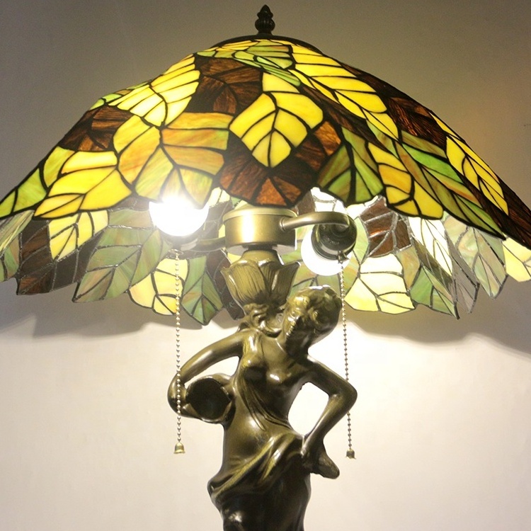 LongHuiJing 20Inch Tiffany Style Glass Sunrise Table Lamp Leaf Stained Glass Lamp Shades Decorative Desk Reading Light