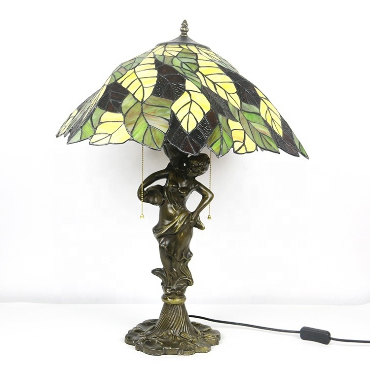 LongHuiJing 20Inch Tiffany Style Glass Sunrise Table Lamp Leaf Stained Glass Lamp Shades Decorative Desk Reading Light