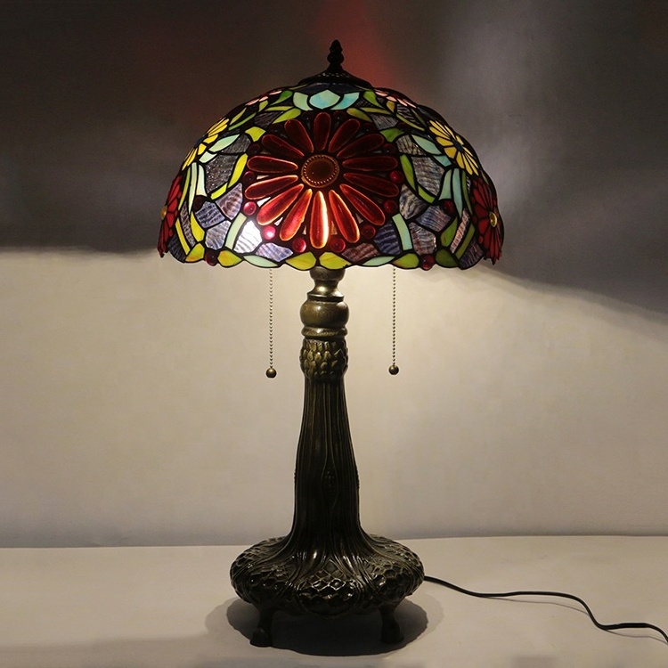 LongHuiJing High Quality Custom 16Inch Wide Big Flowers Humming bird Stained Glass Lampshade Tiffany Lamp Zinc Base