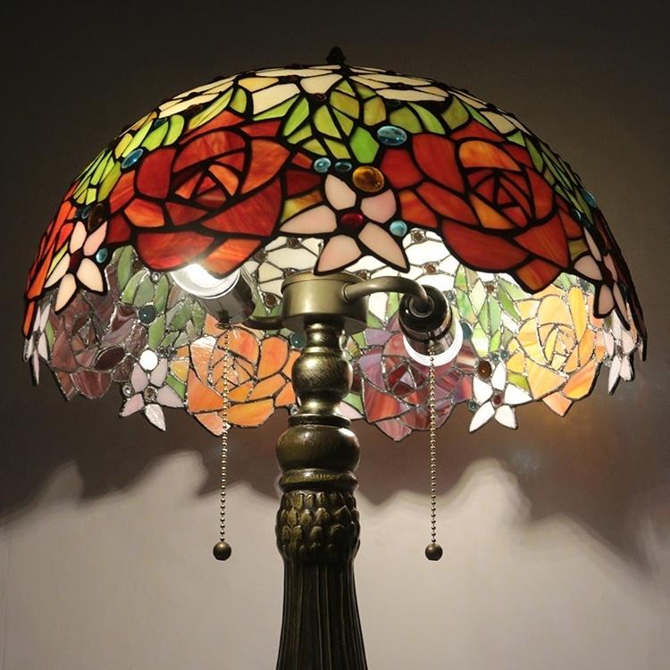 LongHuiJing Tiffany Lamp Stained Glass Coffee Table Desk Beside Lamp 25.6Inch Tall Crystal Bead Red Rose Shade 2 Light Antique