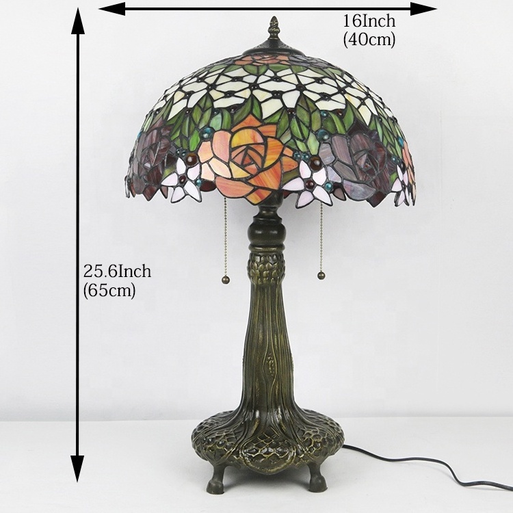 LongHuiJing Tiffany Lamp Stained Glass Coffee Table Desk Beside Lamp 25.6Inch Tall Crystal Bead Red Rose Shade 2 Light Antique