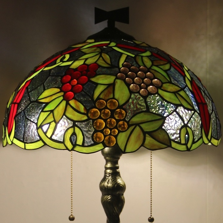 LongHuiJing 16 Inch European Retro Style Tiffany Table Lamp Colorful Grape Pattern Glass Shade With Twisted Fly Mosaic Base