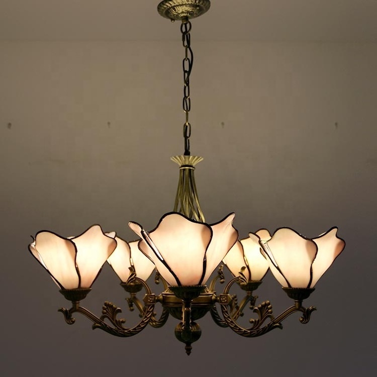 LongHuiJing 6 BulbsPendant Light Tiffany Stained Glass Chandelier Petal Lampshade(Pink) With Iron Hanging Fixtures