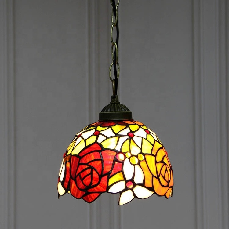 LongHuiJing 8-inches Tiffany Style Stained Glass Ceiling Rose Pendant Fixture with Length Adjustable Hanging Chain