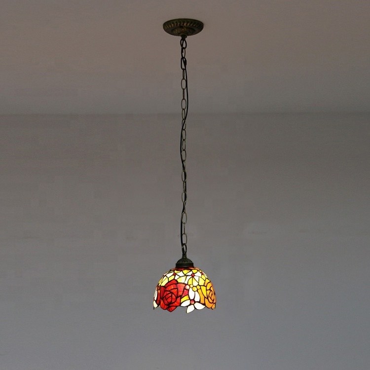 LongHuiJing 8-inches Tiffany Style Stained Glass Ceiling Rose Pendant Fixture with Length Adjustable Hanging Chain