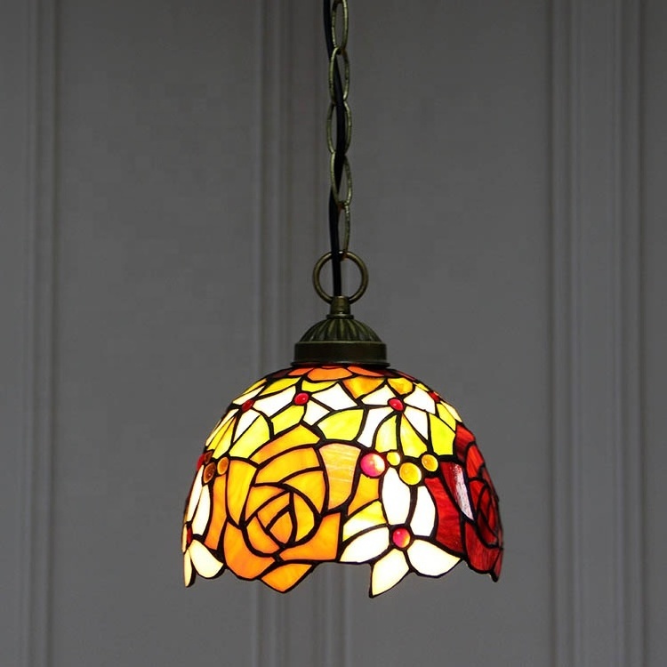 LongHuiJing 8-inches Tiffany Style Stained Glass Ceiling Rose Pendant Fixture with Length Adjustable Hanging Chain