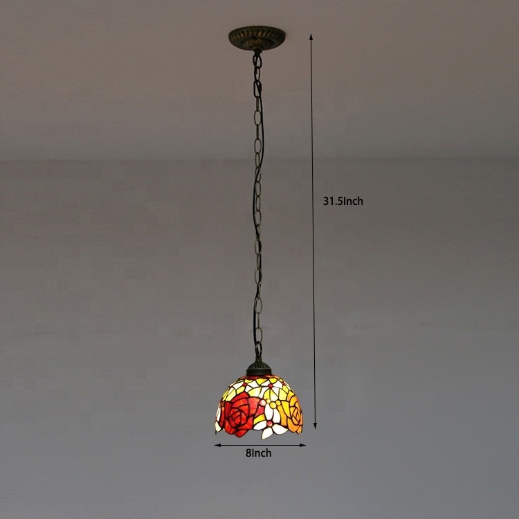 LongHuiJing 8-inches Tiffany Style Stained Glass Ceiling Rose Pendant Fixture with Length Adjustable Hanging Chain