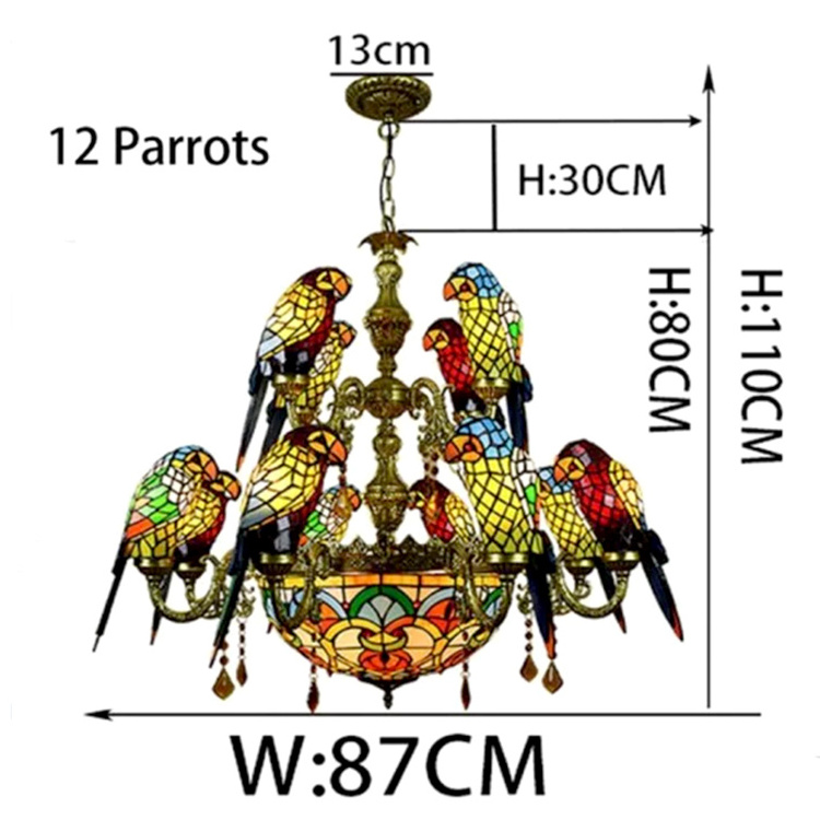 LongHuiJing Custom Made Retro Stained Glass Parrot Chandelier Lamps Villa Bar Restaurant Living Room Bird Light Pendant