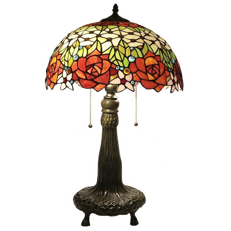 LongHuiJing Tiffany Lamp Stained Glass Coffee Table Desk Beside Lamp 25.6Inch Tall Crystal Bead Red Rose Shade 2 Light Antique