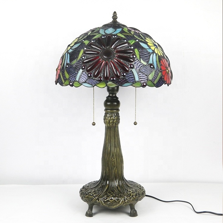 LongHuiJing High Quality Custom 16Inch Wide Big Flowers Humming bird Stained Glass Lampshade Tiffany Lamp Zinc Base