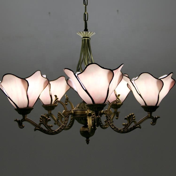 LongHuiJing 6 BulbsPendant Light Tiffany Stained Glass Chandelier Petal Lampshade(Pink) With Iron Hanging Fixtures