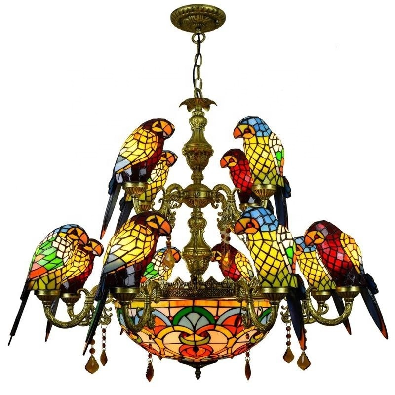 LongHuiJing Custom Made Retro Stained Glass Parrot Chandelier Lamps Villa Bar Restaurant Living Room Bird Light Pendant