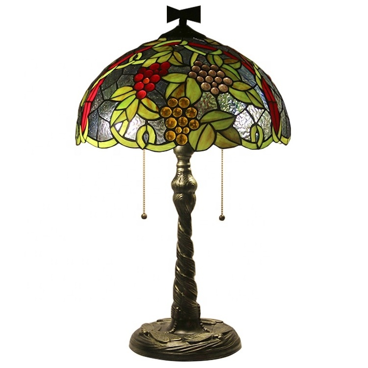 LongHuiJing 16 Inch European Retro Style Tiffany Table Lamp Colorful Grape Pattern Glass Shade With Twisted Fly Mosaic Base