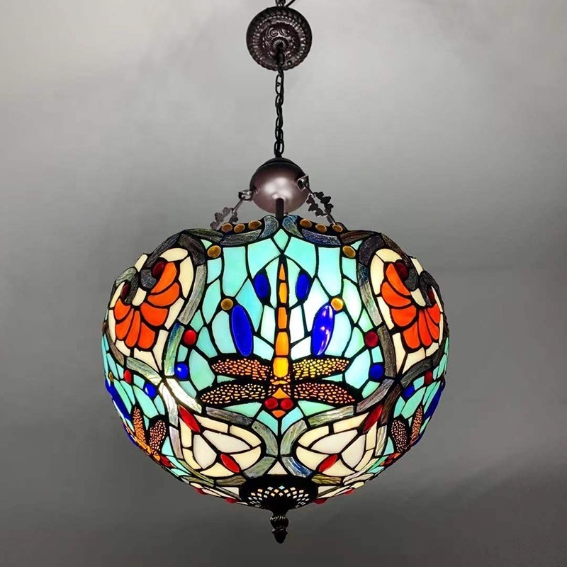 LongHuiJing Qualified Tiffany Style Inverted Ceiling Pendant Light Stained Glass Bead Decoration Chandelier Hanging Lamp