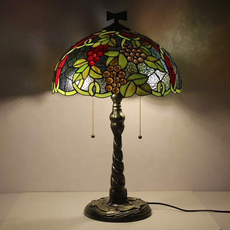 LongHuiJing 16 Inch European Retro Style Tiffany Table Lamp Colorful Grape Pattern Glass Shade With Twisted Fly Mosaic Base